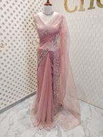Net saree with small sugar beads floral and sequence floral design on border - Image 10
