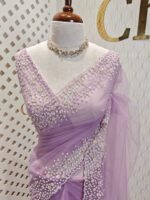 Net saree with small sugar beads floral and sequence floral design on border - Image 14