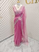 Net saree with small sugar beads floral and sequence floral design on border - Image 28