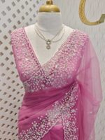 Net saree with small sugar beads floral and sequence floral design on border - Image 26