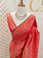 Soft katan with veiny and 9 small flowers in branch design and contrast border