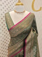 Soft katan silk with 2 end drop flower design and contrast border - Image 5