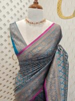 Soft katan silk with 2 end drop flower design and contrast border - Image 11