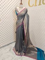 Soft katan silk with 2 end drop flower design and contrast border - Image 13