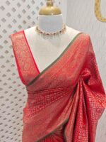 Soft katan with 3 flowers in floral diamond shaped design and contrast border - Image 14