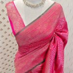 Soft katan with 3 flowers in floral diamond shaped design and contrast border