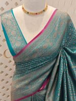 Soft katan with 3 flowers in floral diamond shaped design and contrast border - Image 8