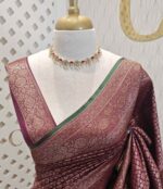 Soft katan with 3 flowers in floral diamond shaped design and contrast border - Image 6