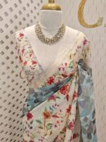 Linen with geometric pattern and floral print on border