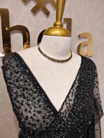 Net saree with sequence, stones small floral pattern and scallop border - Image 30