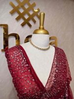 Net saree with sequence, stones small floral pattern and scallop border - Image 33