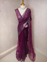Net saree with sequence, stones small floral pattern and scallop border - Image 37