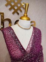 Net saree with sequence, stones small floral pattern and scallop border - Image 36