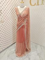 Net saree with beaded, sequenced vertical stripes pattern and scallop border - Image 13