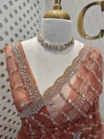 Net saree with beaded, sequenced vertical stripes pattern and scallop border - Image 11