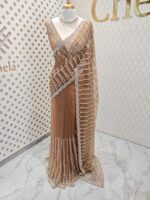 Net saree with beaded, sequenced vertical stripes pattern and scallop border - Image 7