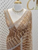 Net saree with beaded, sequenced vertical stripes pattern and scallop border - Image 5