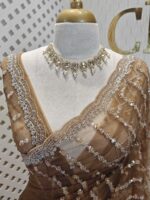 Net saree with beaded, sequenced vertical stripes pattern and scallop border - Image 6