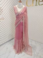 Net saree with beaded, sequenced vertical stripes pattern and scallop border - Image 16