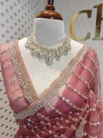 Net saree with beaded, sequenced vertical stripes pattern and scallop border - Image 14