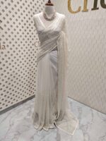 Net saree with diamond like jaal design and beaded zigzag pattern on border - Image 6