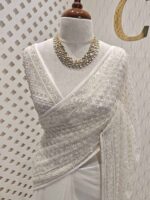 Net saree with diamond like jaal design and beaded zigzag pattern on border - Image 4