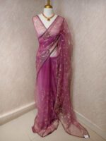 Net saree with thick boarders with floral patterns - Image 28