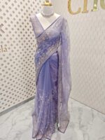 Net saree with thick boarders with floral patterns - Image 19