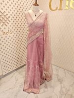 Net saree with thick boarders with floral patterns - Image 16