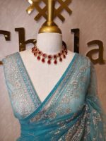 Net saree with thick boarders with floral patterns - Image 32