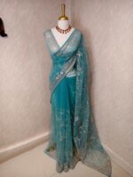 Net saree with thick boarders with floral patterns - Image 34