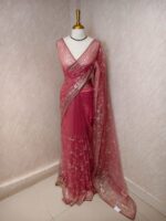 Net saree with thick boarders with floral patterns - Image 37