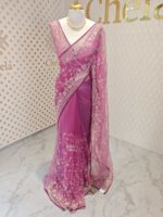 Net saree with thick boarders with floral patterns - Image 7