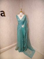 Net saree with full body embroidered flowers and vines with scallop on boarder - Image 6