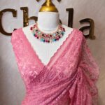Net saree with full body embroidered flowers and vines with scallop on boarder
