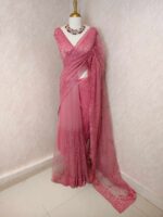 Net saree with full body embroidered flowers and vines with scallop on boarder - Image 3