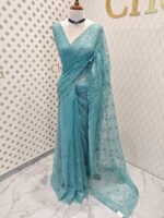 Net saree with full body embroidered flowers and vines with scallop on boarder - Image 16