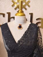 Net saree with embroidered sequence leafs and vines ,cutwork and scallop on border - Image 9