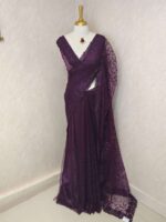Net saree with embroidered sequence leafs and vines ,cutwork and scallop on border - Image 7