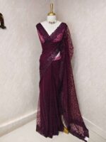 Net saree with embroidered sequence leafs and vines ,cutwork and scallop on border - Image 4