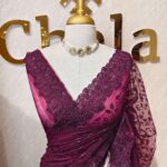 Net saree with embroidered sequence leafs and vines ,cutwork and scallop on border