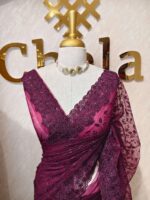 Net saree with embroidered sequence leafs and vines ,cutwork and scallop on border