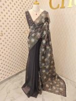 Organza with silver,golden zari floral and wavy lines pattern - Image 6