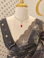 Organza with silver,golden zari floral and wavy lines pattern - Image 5