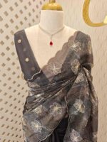 Organza with silver,golden zari floral and wavy lines pattern - Image 4