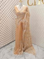 Organza with silver,golden zari floral and wavy lines pattern - Image 9