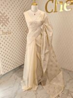 Organza with silver,golden zari floral and wavy lines pattern - Image 3