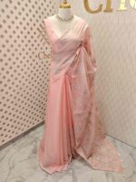 Organza with silver,golden zari floral and wavy lines pattern - Image 12