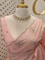 Organza with silver,golden zari floral and wavy lines pattern - Image 11