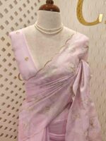 Organza with silver,golden zari floral and wavy lines pattern - Image 13